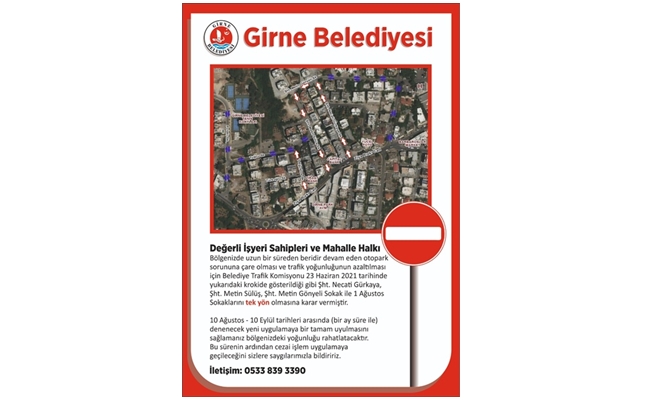 Girne’de bazı sokaklarda tek yön uygulamasına Pazartesi başlanıyor