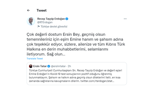 Erdoğan’dan, Tatar’a teşekkür mesajı